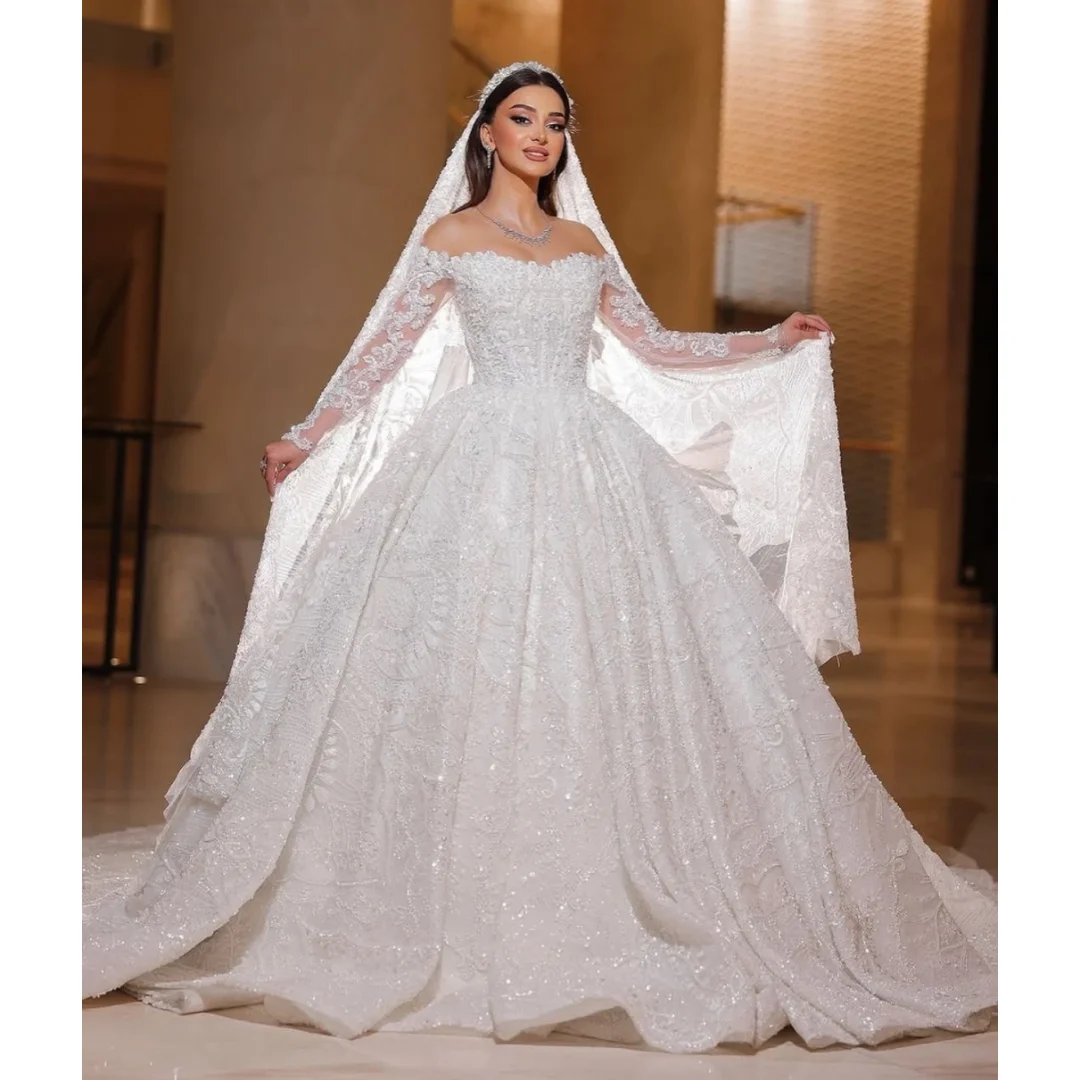 Charming Off Shoulder Long Sleeve Wedding Dress Cathedral Shining Glitter Lace Bridal Dress Wedding Dress Custom