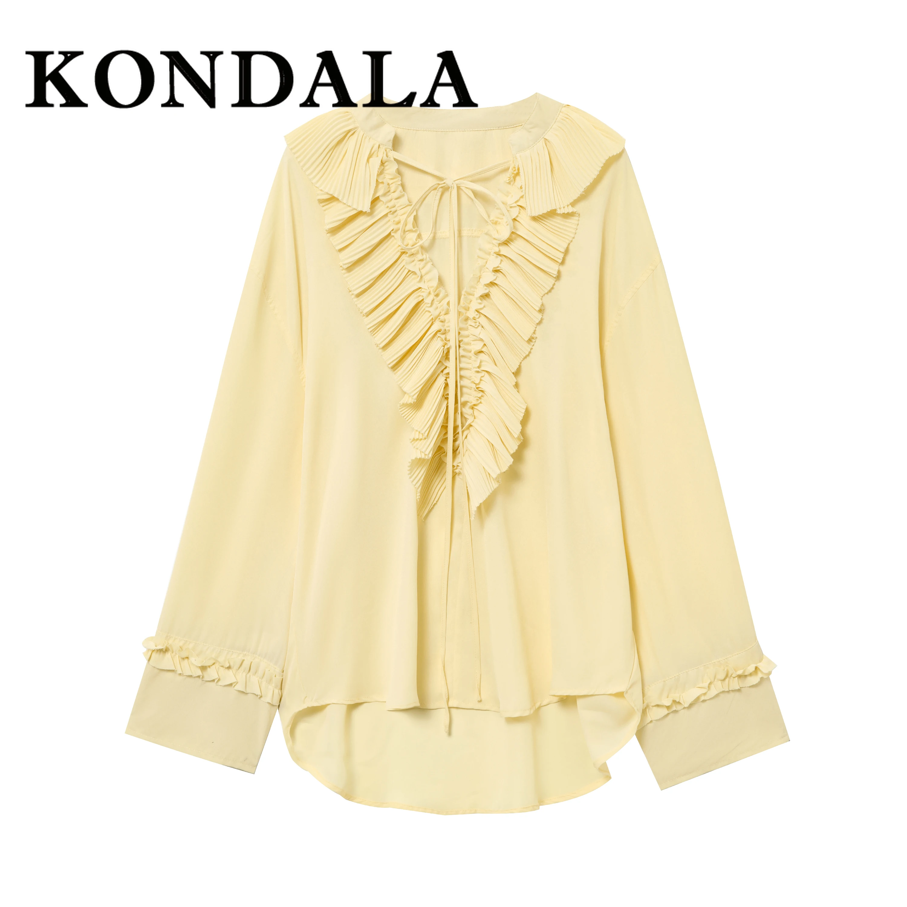 KONDALA jaune plissé ourlet ample col en v décontracté haut en mousseline de soie mode 2025 été élégant à volants détail loisirs Chic femmes Blouse