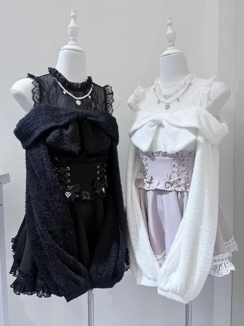 Japanische süße süße Lolita-Herbst-/Winter-Rock-Sets, weiche Mädchen-Sets mit schulterfreiem Langarm-Pullover und Schleife + Röcke, 2-teiliges Set