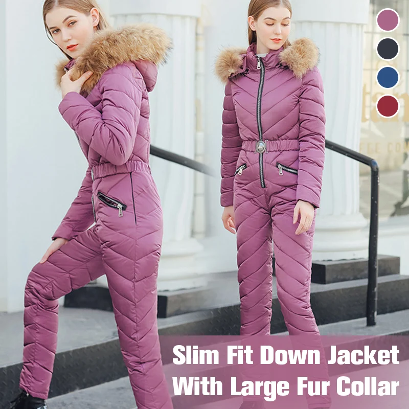 New Winter One-piece Ski Suit Down Jacket Fashion Slim Waist Thickened Warm Outdoor Sportswear Ladies Fur Collar Cotton Suit