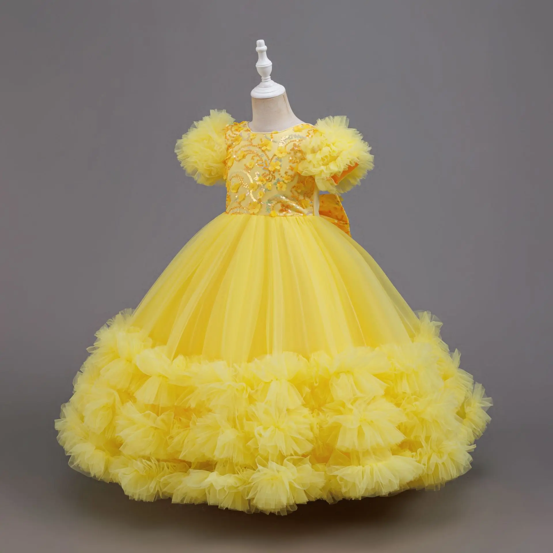 HETISO Girls Sequined Tulle Ball Gown Flower Petals Tutu Dress Kids' Birthday Wedding Party Costume Evening Prom Children's Clot
