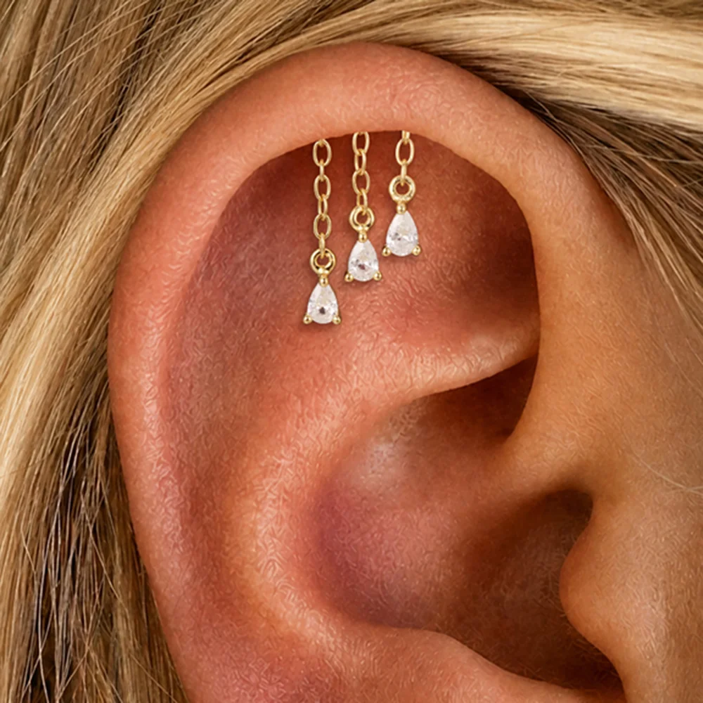 AIDE 925 Sterling Silver Dangle Star Moon/Water Droplet Tassel Women's Cartilage Helix Stud Flat Back Piercing Dainty Jewelry 2