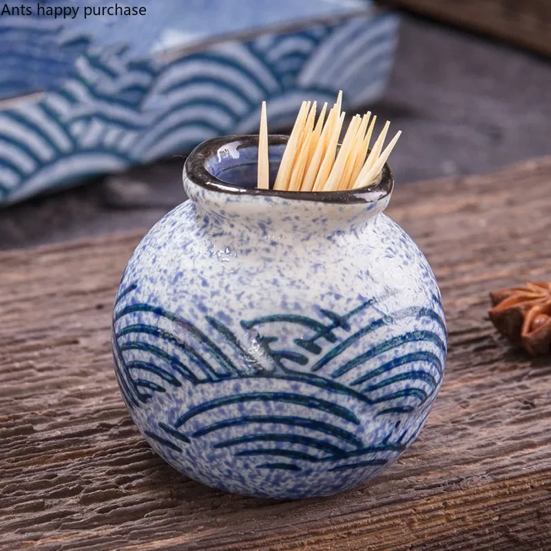 Blue Fish Pattern Ceramics Spice Jar 3-piece Set with Tray Condiment Bottles Oil Can Vinegar Pot Toothpick Jar Spice Container