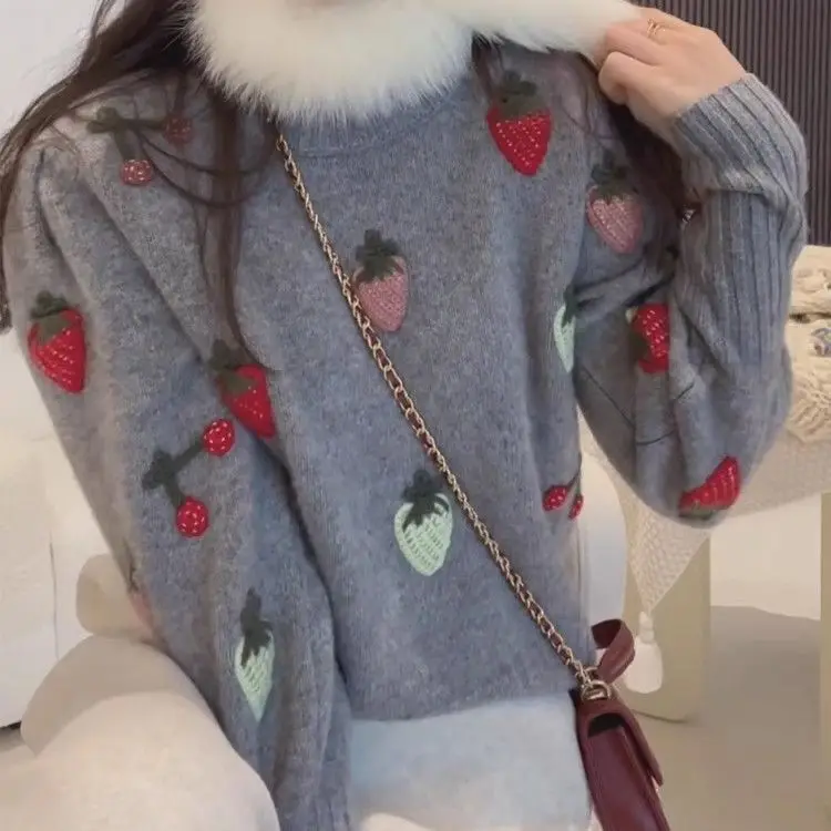 Strawberry embroidered knitted sweater outer wear 2025 crochet new autumn and winter sweater premium pullover crew neck top