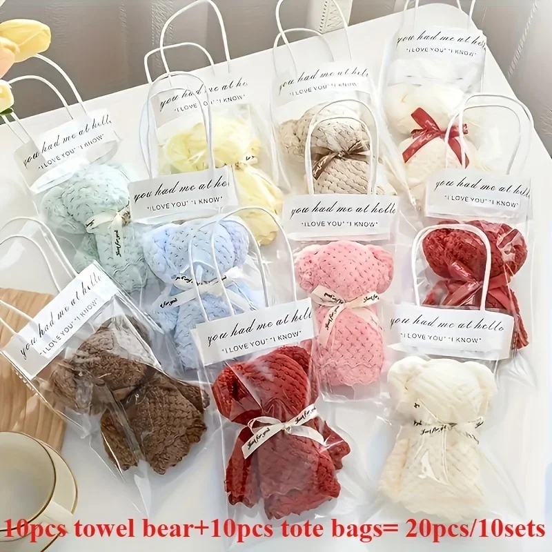 20pcs/10set Transparent Bag Teddy Bear Towel Gift Set Perfect for Wedding Souvenirs Christmas Valentine's Day and Birthday Gifts
