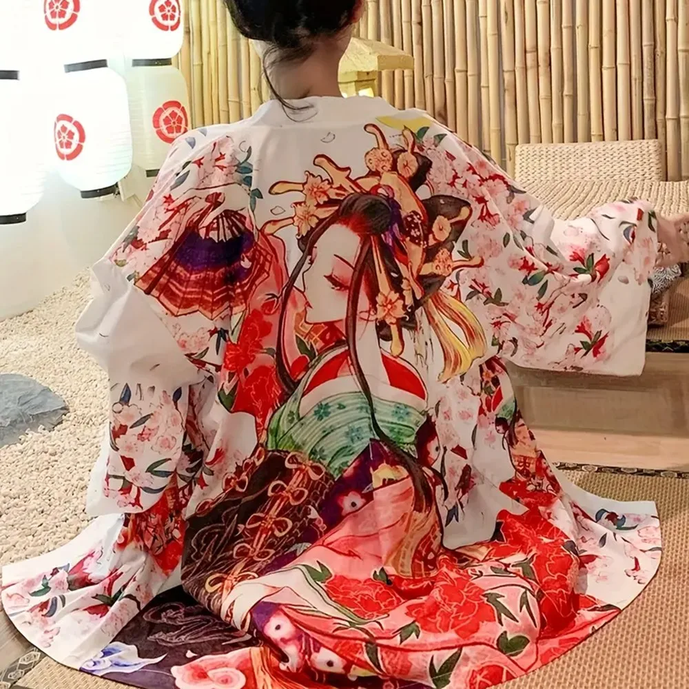 Kimono wanita perlindungan matahari liburan pantai Kimono cetak tradisional Jepang Kimono wanita kain kardigan Kimono lembut nyaman