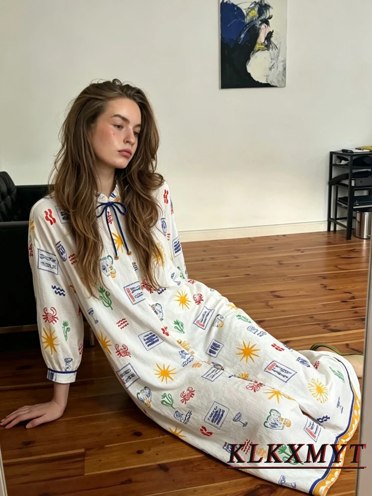 Robe longue à manches longues et col rond pour femmes, mode loisirs, à lacets, imprimé ample, nouvelle collection été