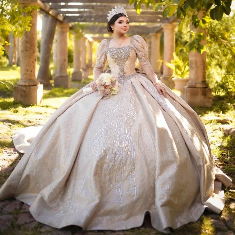 

Champagne Shiny Quinceanera Dresses Off The Shoulder Beading Crystal Tull Party Birthday Sweet 16 Dress Vestidos 15 De Anos