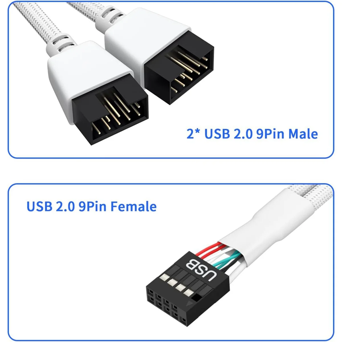 2Pcs Computer Motherboard USB 2.0 9 Pin to Dual 9 Pin Extension Cable Y Splitter Audio HD Extension Cable White