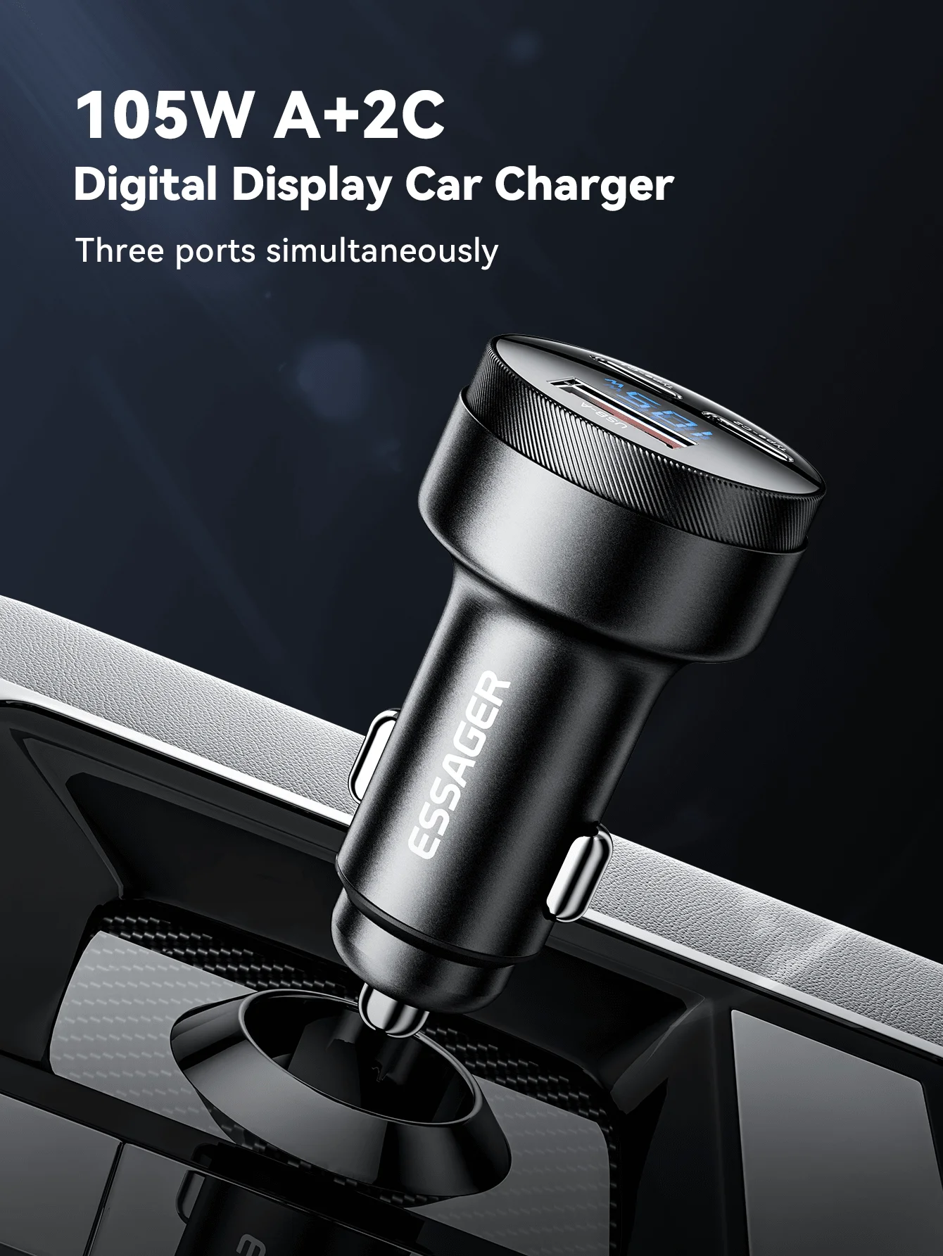 

105W Digital Display Car Charger With 1 USB A + 2 USB C Ports Fast Charging For iPhone