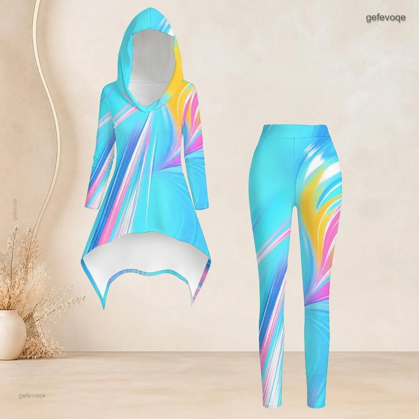 Women Abstract Swirl Printed Hooded Long Sleeve High Low Top and Fitted Leggings Two Piece Pants Set