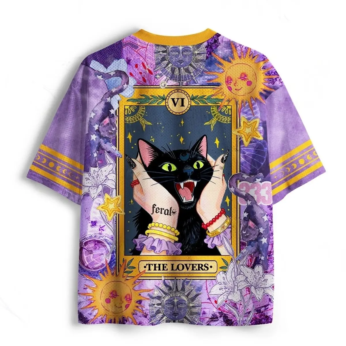 Latest Couple Tarot Black Cat No. 13 Print Style, Mysterious Sun and Moon Pattern Purple V-neck T-shirt