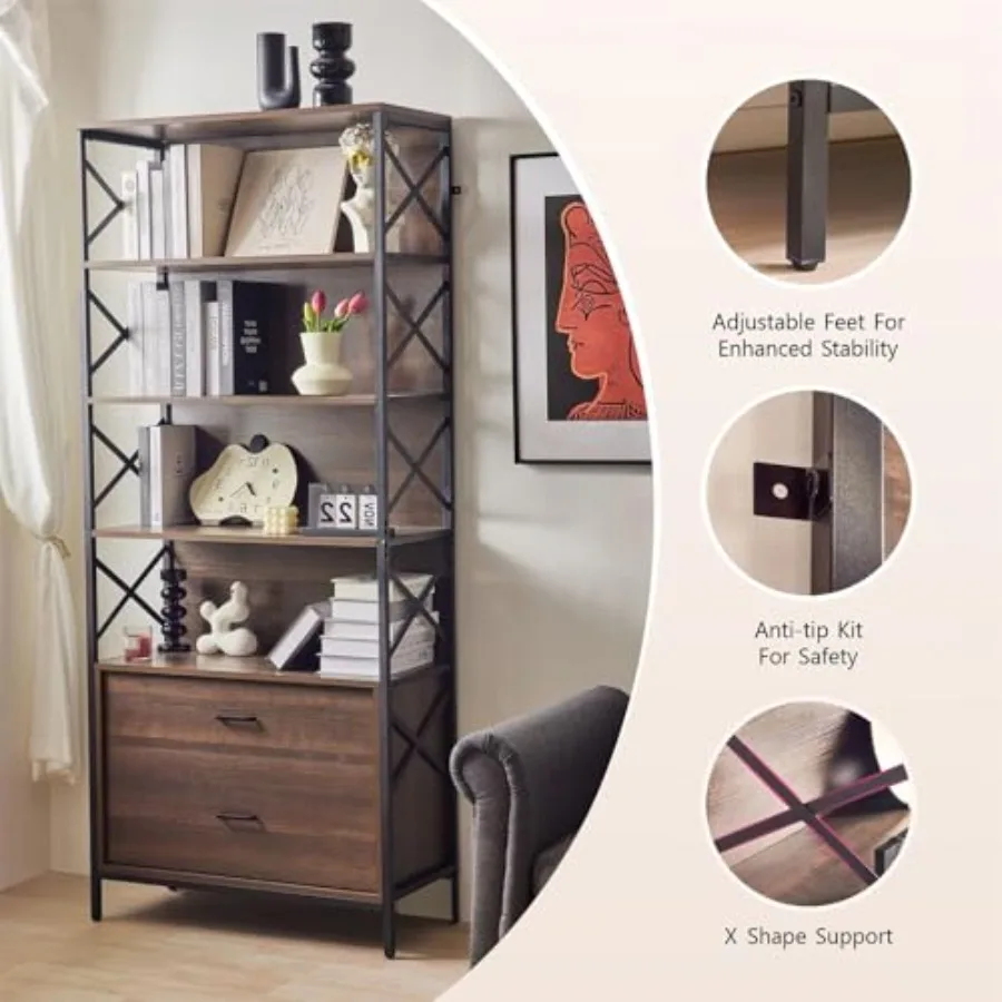 رف كتب صناعي من Redlife مع أدراج 74 خزانة كتب ريفية طويلة 5 أرفف كتب مع رف مفتوح لتخزين عرض المعادن الخشبية