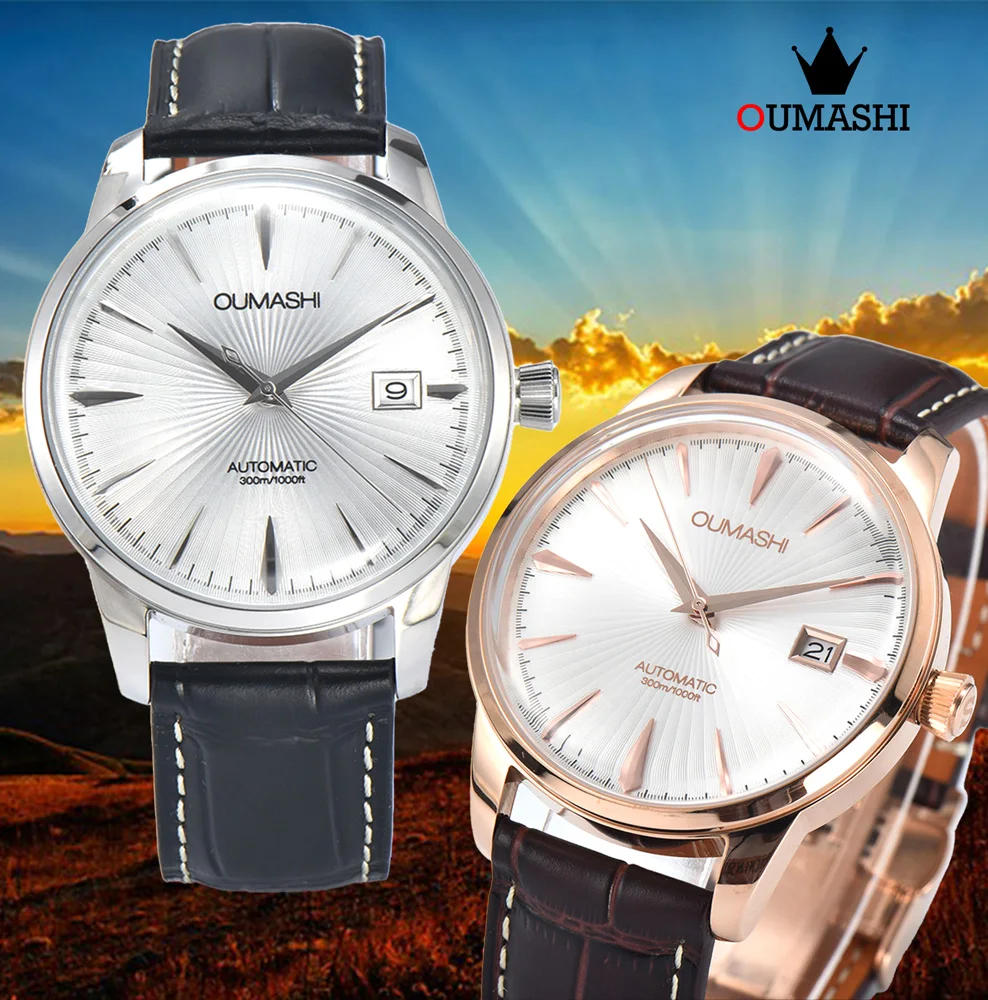 NH35 Cocktail Automatic Watch Men Waterproof Wristbatch Double Dome Sapphire Crystal Case Dive Clock Date Leather Band Watch ﻿