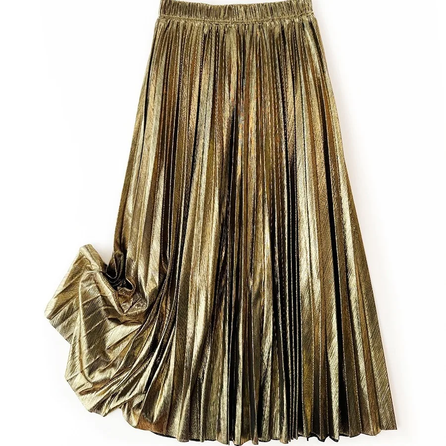Metallic Sheen Asymmetrical A-Line Midi Skirt Women's Half-length Pleated Gown Drapey Silken Fabric Urban Style Summer 2024