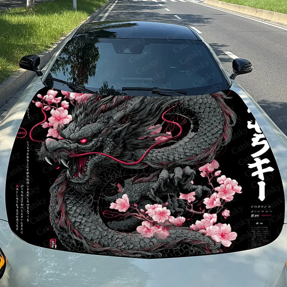 Cherry Blossoms And Dragons Car Hood Sticker, Automotive Exterior Customization, Durable PVC Vinyl Wrap For Car Engine Cover