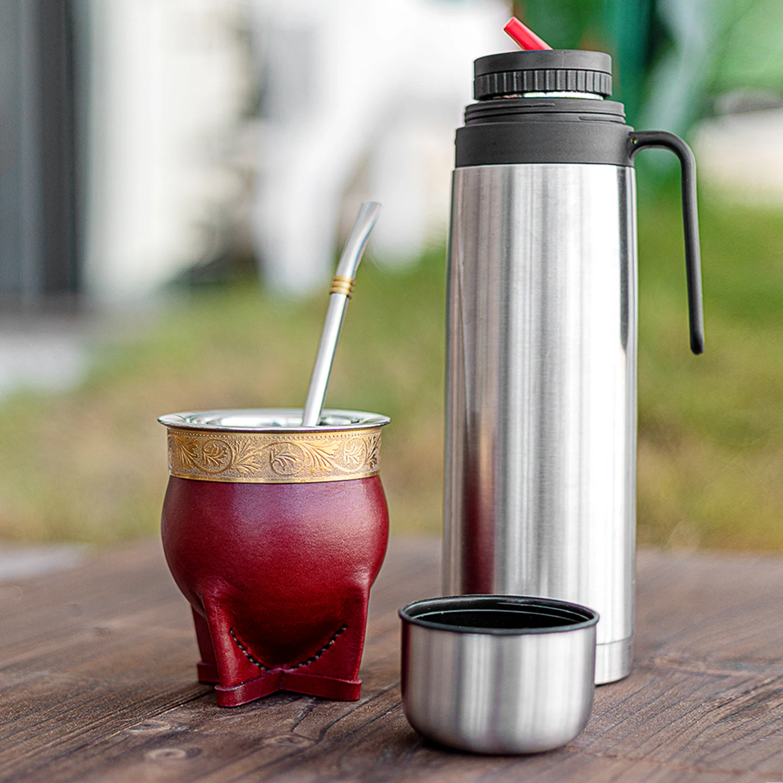 Handmade Leather and 304 Stainless Steel Argentina Tea Cup Set with Yerba Mate Gourd Bombilla(Straw) and Cleaning Brush