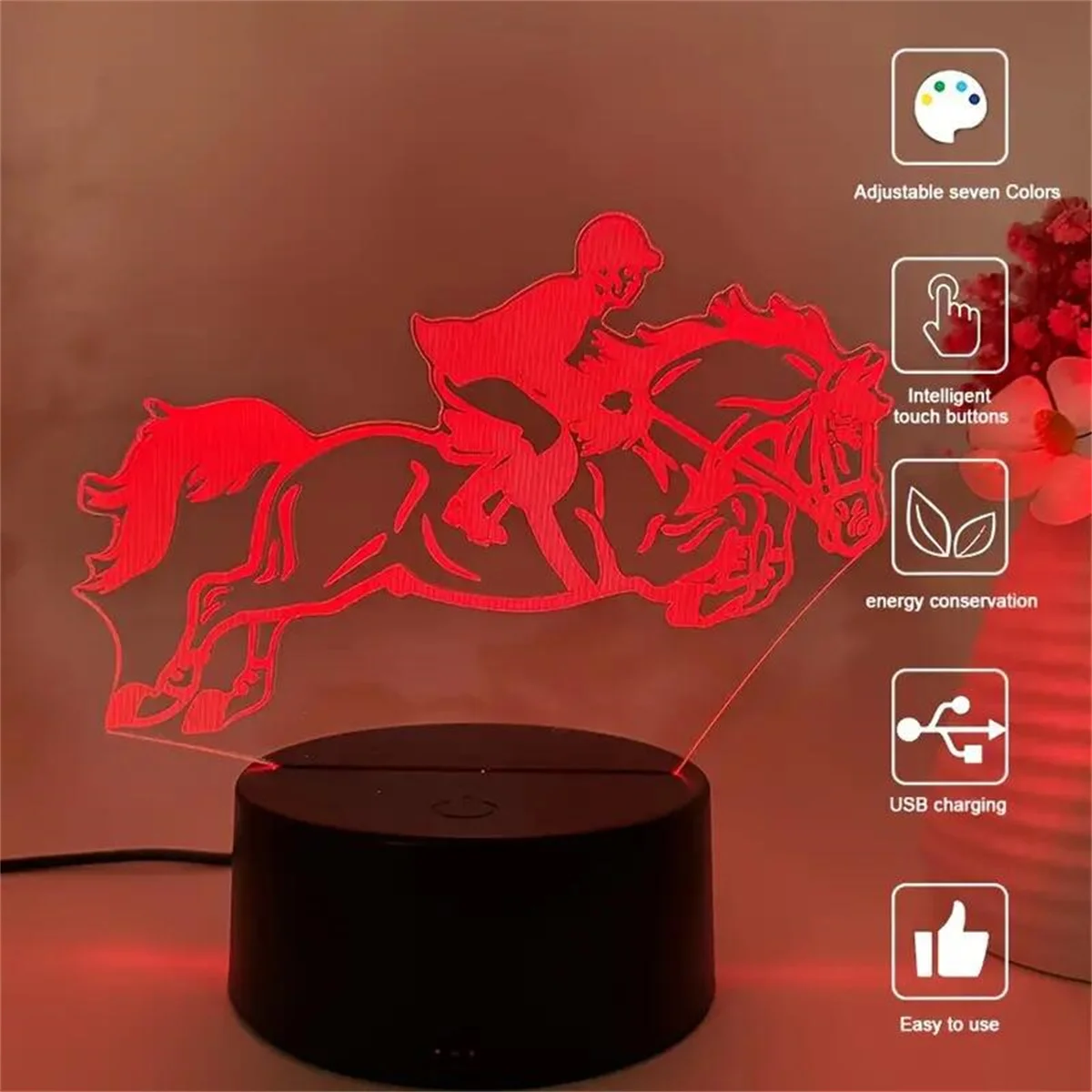 1pc Riding a Horse 3D Night Light, 3D Optical Illusion Lamp With Touch, 7-Color Changing Ambient Light For Bedroom