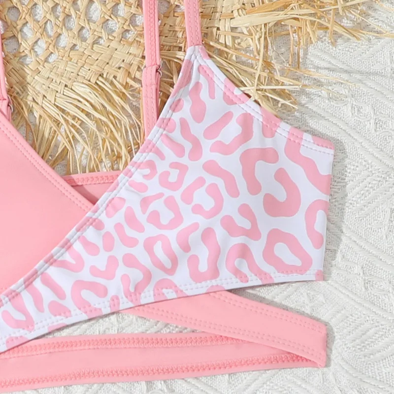 Ragazze 3pack Rosa Leopardo Croce Wrap Vita alta Bikini Gonna da spiaggia Costume da bagno per bambini 7-12 anni Costume da bagno per bambini Costume da bagno Ragazza