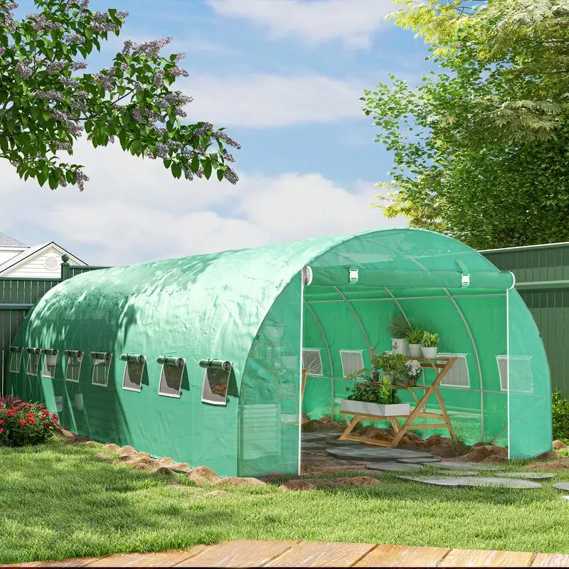 Serre tunnel de jardin 24m² 8L X 3W X 2H M - 16 fenêtres, porte à fermeture éclair enroulable, structure en tubes d'acier galvanisé, PE, vert
