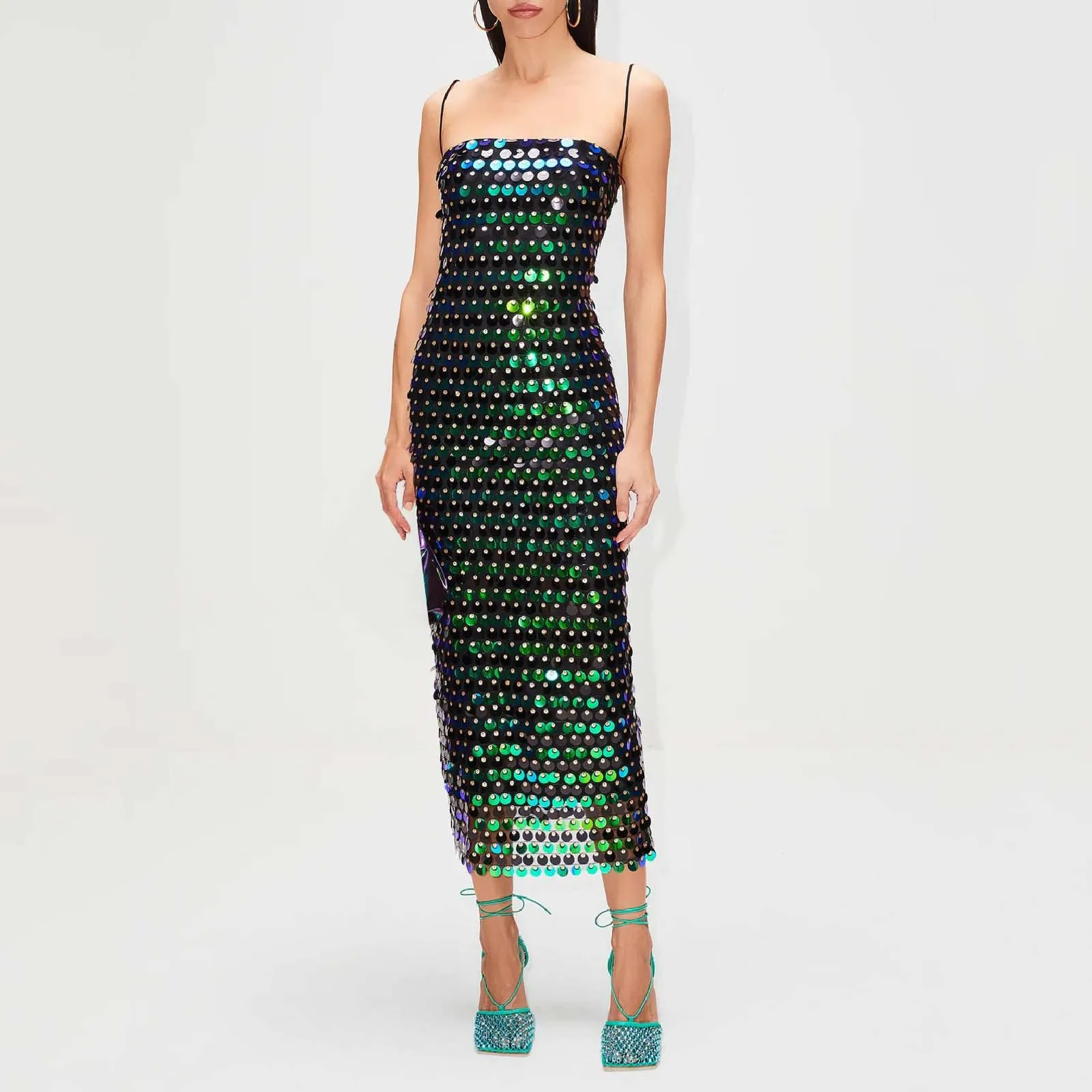 Vestidos de lentejuelas brillantes para mujer, vestido de fiesta de noche de cóctel, Color sólido, correa de espagueti, malla brillante, 2024