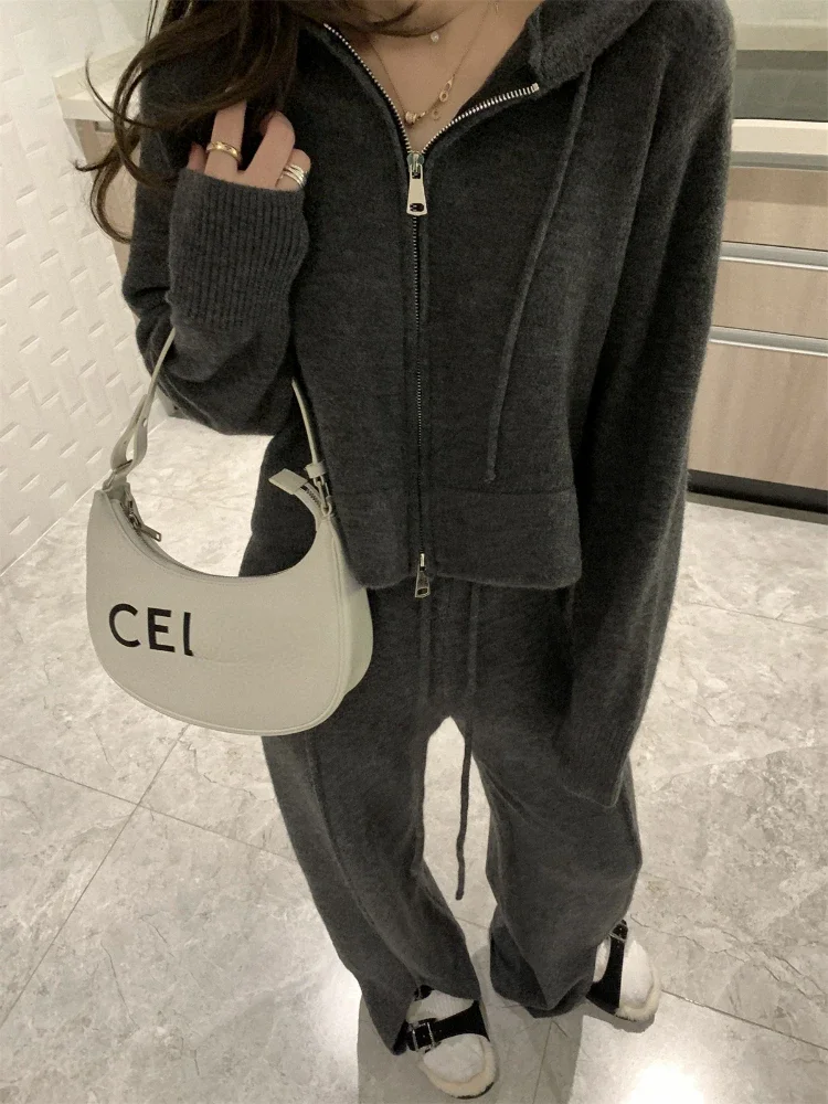 Women Two Piece Set Tracksuit Hooded Sweater Autumer Winter Thickened Knit Cardigan Zipper Wide Leg Pants Sets Casual Luxury