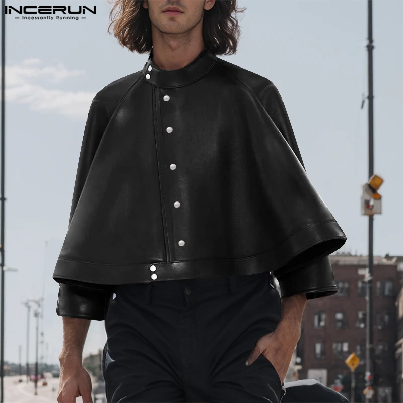 INCERUN Handsome Simple Solid Casual Jackets 2024 Men Long Sleeve Deconstruction Tops Metal Buckle Leather Stand Collar Coats