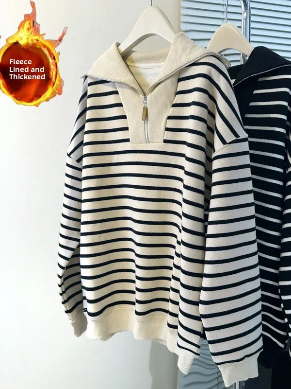

Женская толстовка в университетском стиле с флисовой подкладкой, в полоску, с воротником, длинными рукавами, на молнии до середины груди, из полиэстера, для зимы