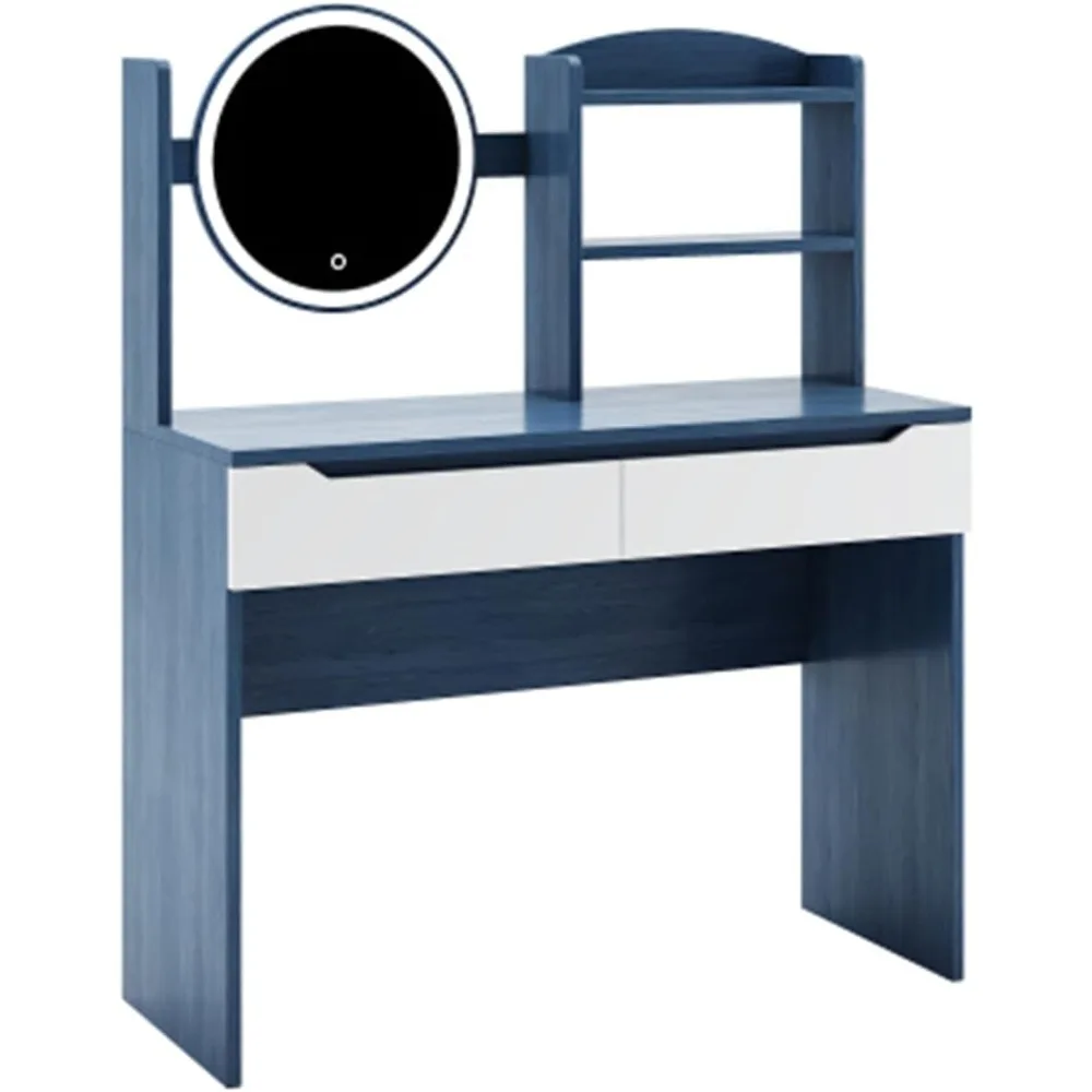 طاولة زينة خشبية، طاولة مع مرآة مكياج عالية الوضوح، درجين، أثاث غرفة نوم، غرفة نوم شقة، أزرق