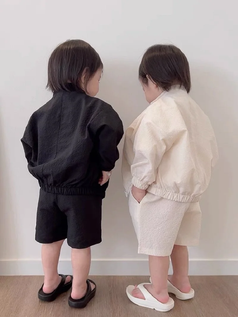 

Children's Coat Boys Long Sleeved Sunscreen Jacket Plaid Solid Color Girls Zippered Jacket Top Shorts Set 0-6 Years Old