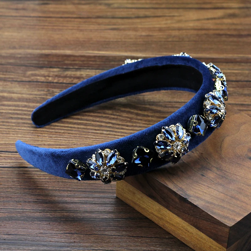 Handmade Luxury Navy Crystal And Rhinestone Hairband Vintage Bling Headband For Women Hair Accessories