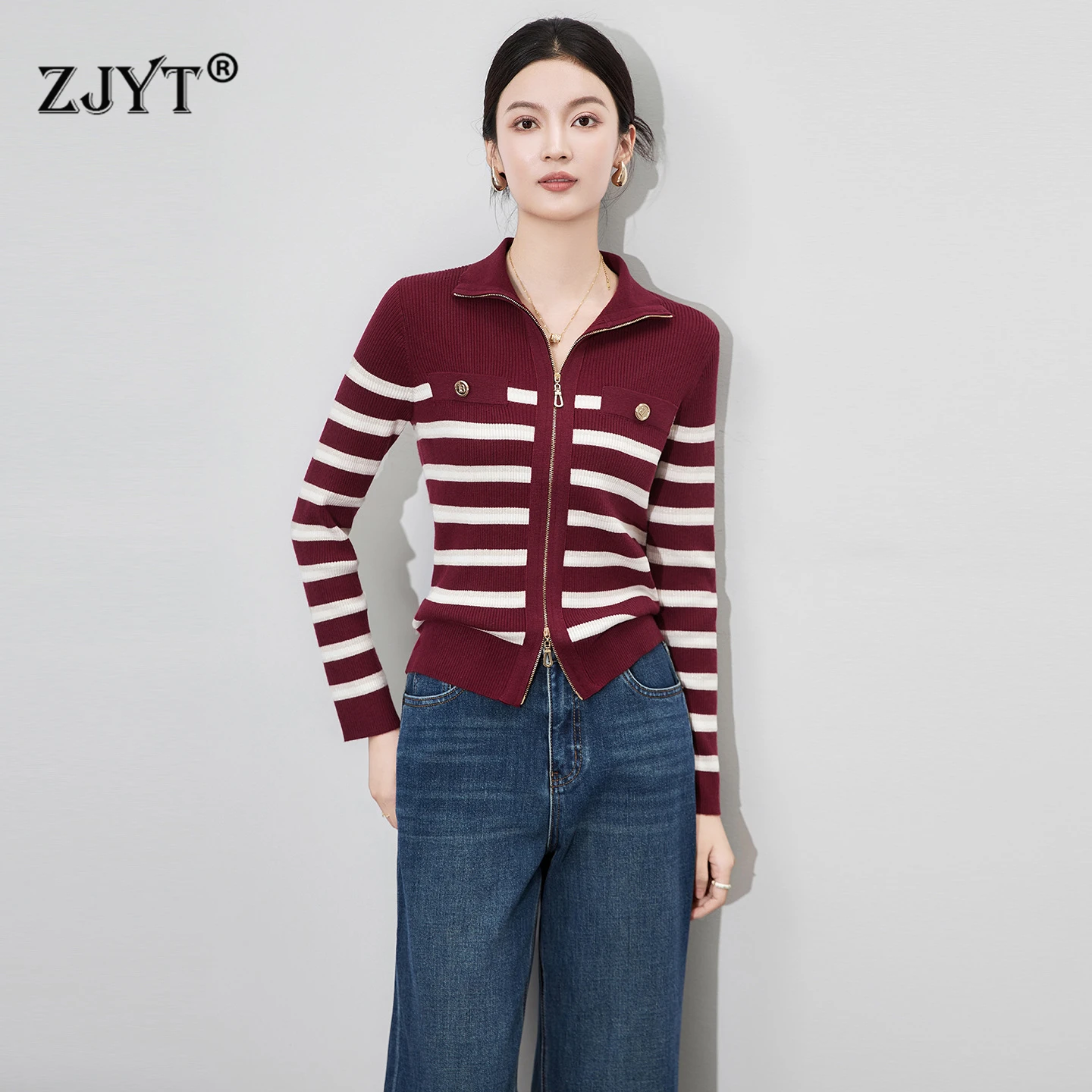 

ZJYT Autumn New 2025 Fashion Women's Striped Knitted Sweaters Long Sleeve Turn Down Collar Zip Up Tops Jacket Casual Jersey Red