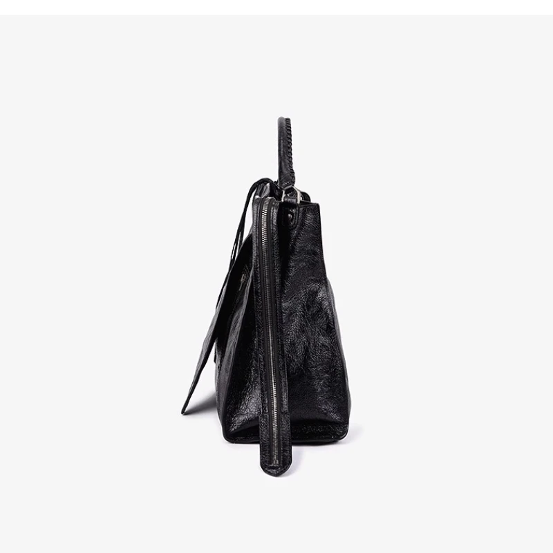 GROTTO Lapel Bag Genuine Leather Large Capacity Commuter Biker Style Handheld, Single-Shoulder, Crossbody Bag