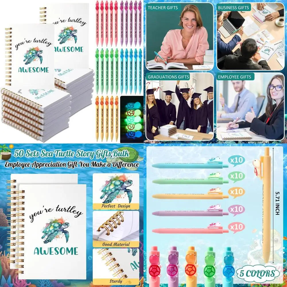 

50 Pack Inspirational Turtle-Themed Gifts: Notebooks & Pens for Employee Recognition