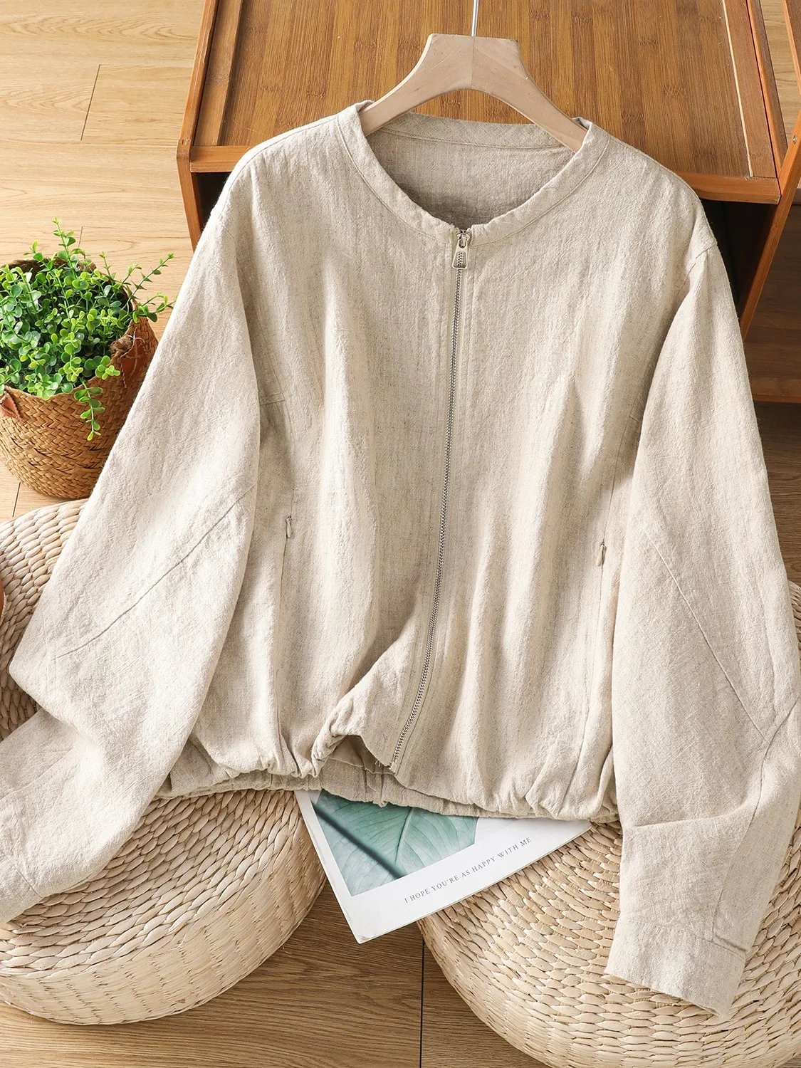Retro Heavyweight Sand Wash Linen Double Layer Short Jacket Women's Natural Texture Zipper Open Cardigan Outerwear Top