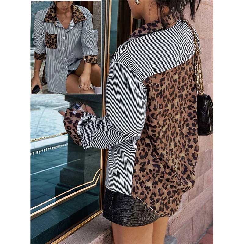 ABRT-เสื้อเชิ้ตแขนยาวพิมพ์ลายเสือดาวลายทางสำหรับผู้หญิง เสื้อเชิ้ตคอปกติดกระดุมลายเสือชีตาห์