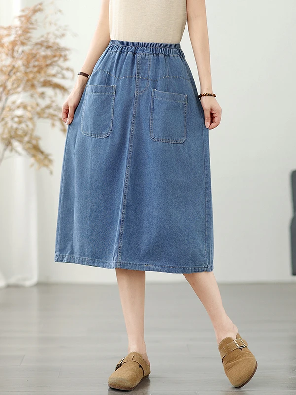 

Summer 2025 Women's High Waist A-Line Skirt Denim Waed Elastic Waist ket Floral Print f-length Skirts