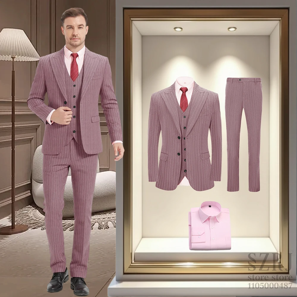 

Мужской костюм из 4 предметов в вертикальную полоску — куртка на двойных пуговицах + жилет + брюки + розовая рубашка, подходит для свадьбы/деловой/днего ношения