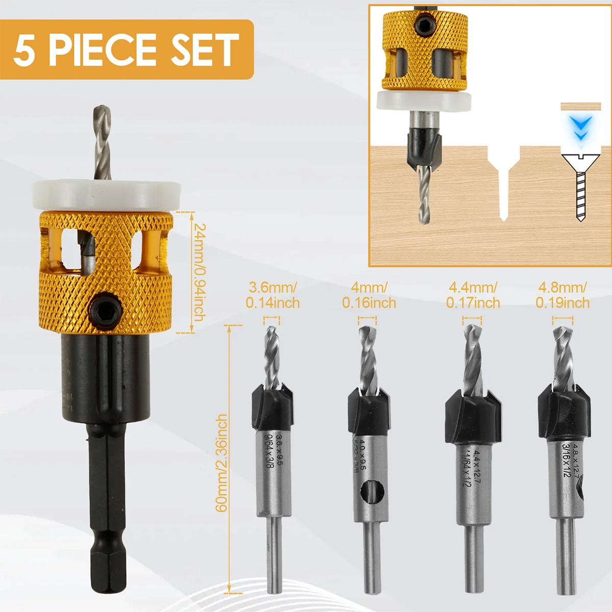 

5PCS Countersink Drill Bits Set with Depth Stop Woodworking Router Bit Core Limiter with Bearing Adjustable Step Alloy Drill