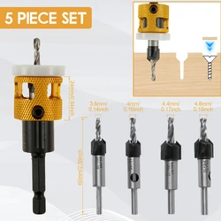 5PCS Countersink Drill Bits Set with Depth Stop Woodworking Router Bit Core Limiter with Bearing Adjustable Step Alloy Drill