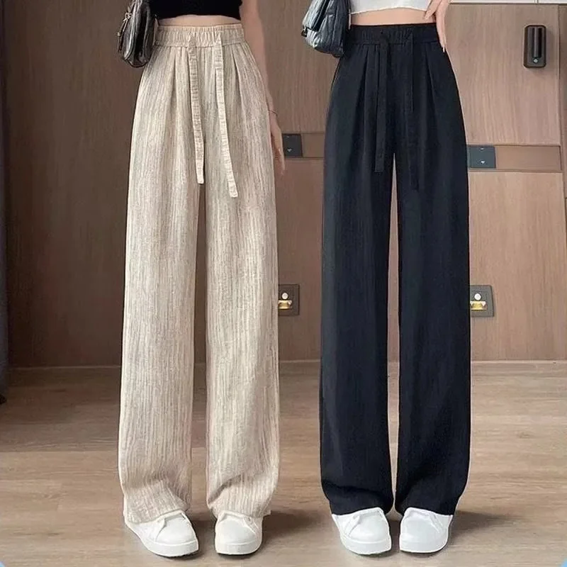

2025 Female Large Size 5XL Trousers Summer Ladies Solid Color Wide Leg Pantalons Women High Waist Ice Silk Narrow Version Pants