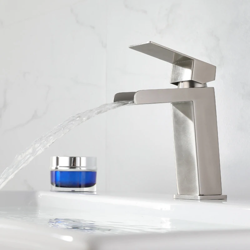 Basin Faucets 304 Stainless Steel Bathroom Tap Deck Mount  Hot Cold Water Sink Mixer Sink Waterfall Faucets