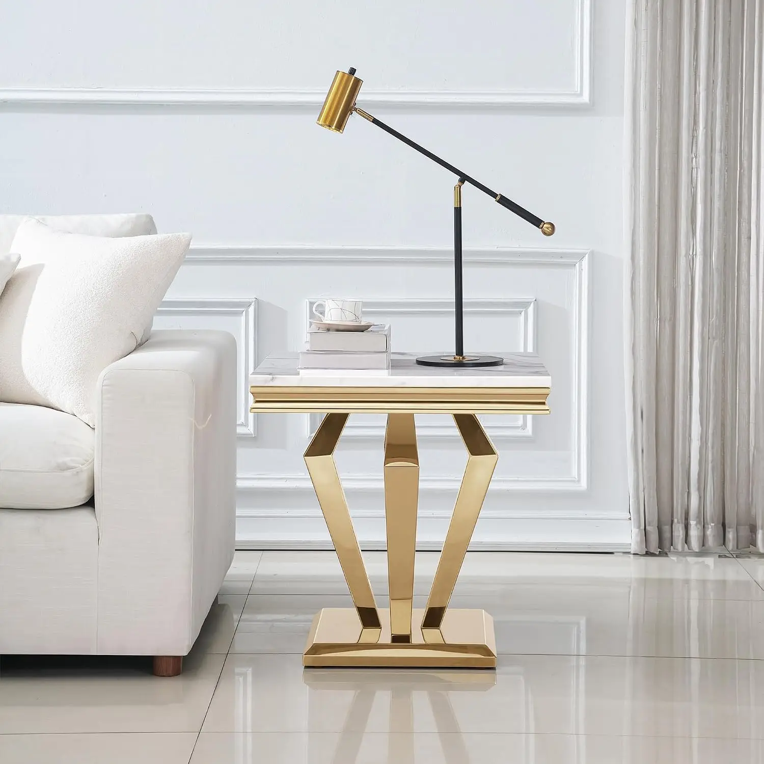 4-Piece Living Room Table Set Includes Coffee Table & 2 End Table & Console ,Gold End Side Set with Stainless Steel