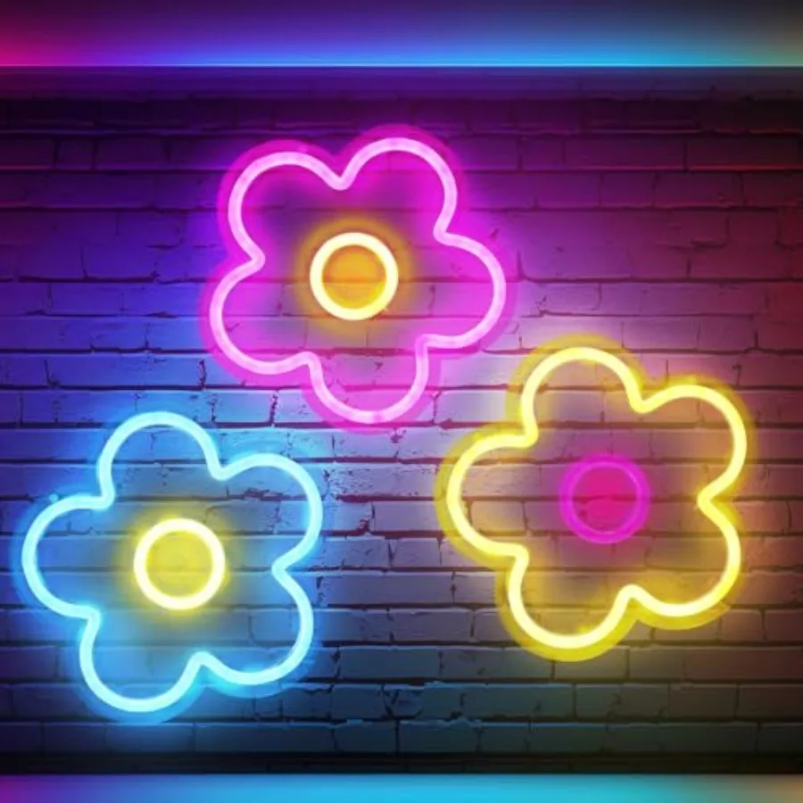 3 Pcs Flower Neon Sign Light up Flower Sign Retro Neon LED Lights USB Powered for Wall Decor Window Bedroom Home Girls Birthday