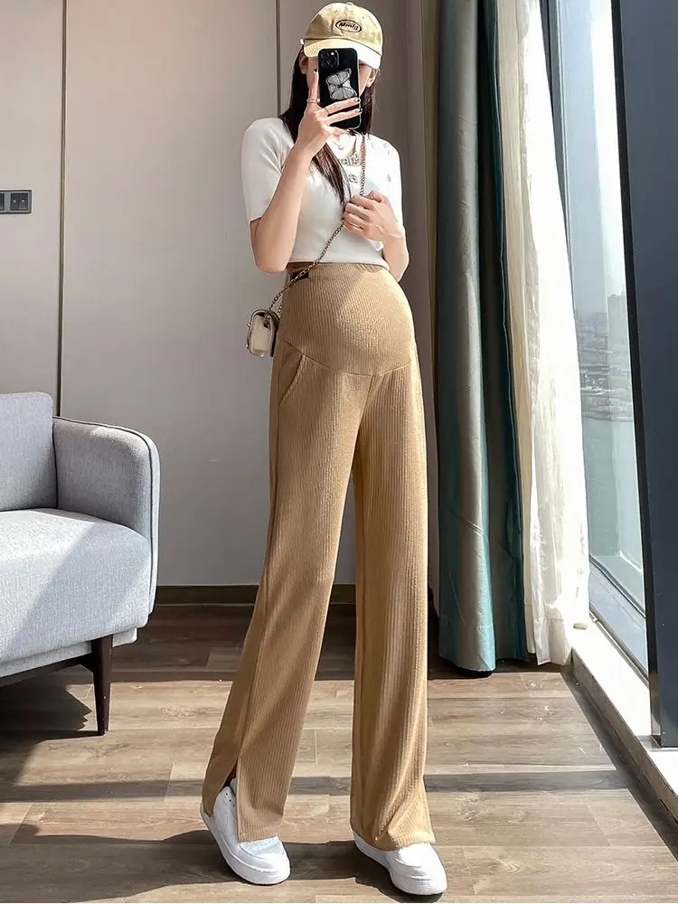 

Summer Maternity Belly Trousers Solid Color Side Split High Waist Pregnant Women Long Pants Elegant Office Lady Straight Jeans