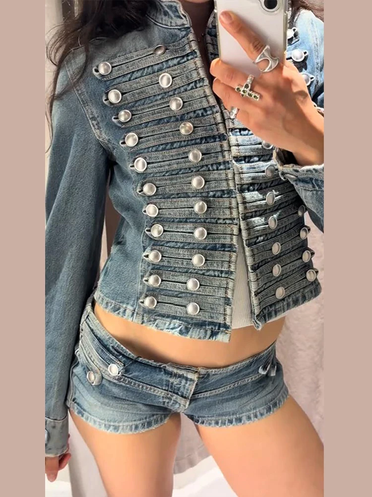 

Vintage Denim Jacket Shorts Set Women Slim Single Breasted Long Sleeve Napoleon Coat Low Waist Zipper Short Pant 2026 Outfits