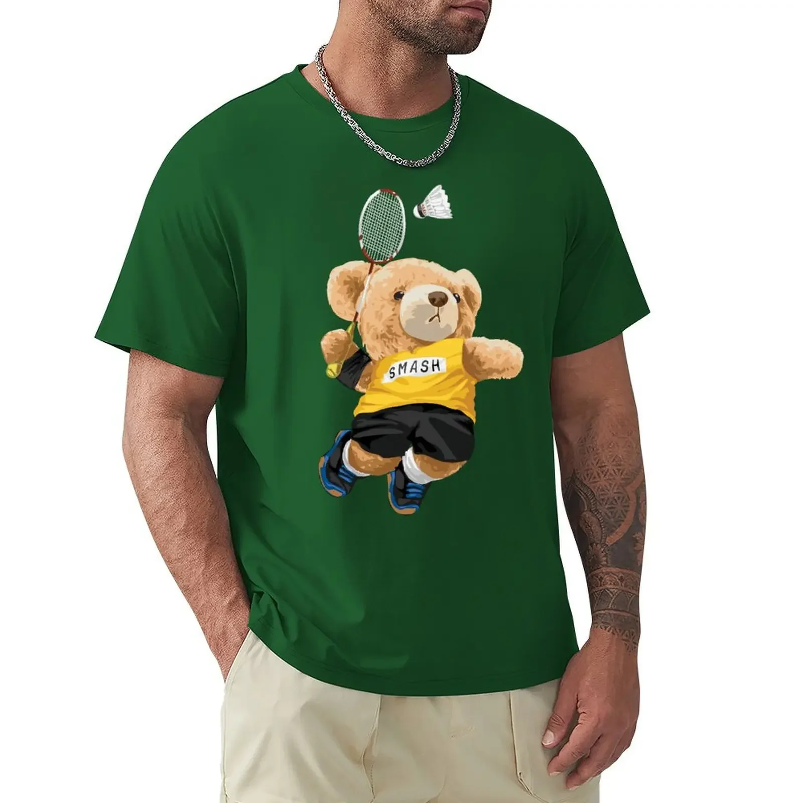 Teddy Bear Playing Badminton T Shirt Harajuku Short Sleeve T-shirt 100% Cotton Graphics Tshirt Tops