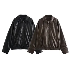 TRAF Leather Outerwear Jacket 2024 Women's Autumn Winter Long Sleeve Oversize Jacket Coat Ladies Fashion Office Black Brown Coat