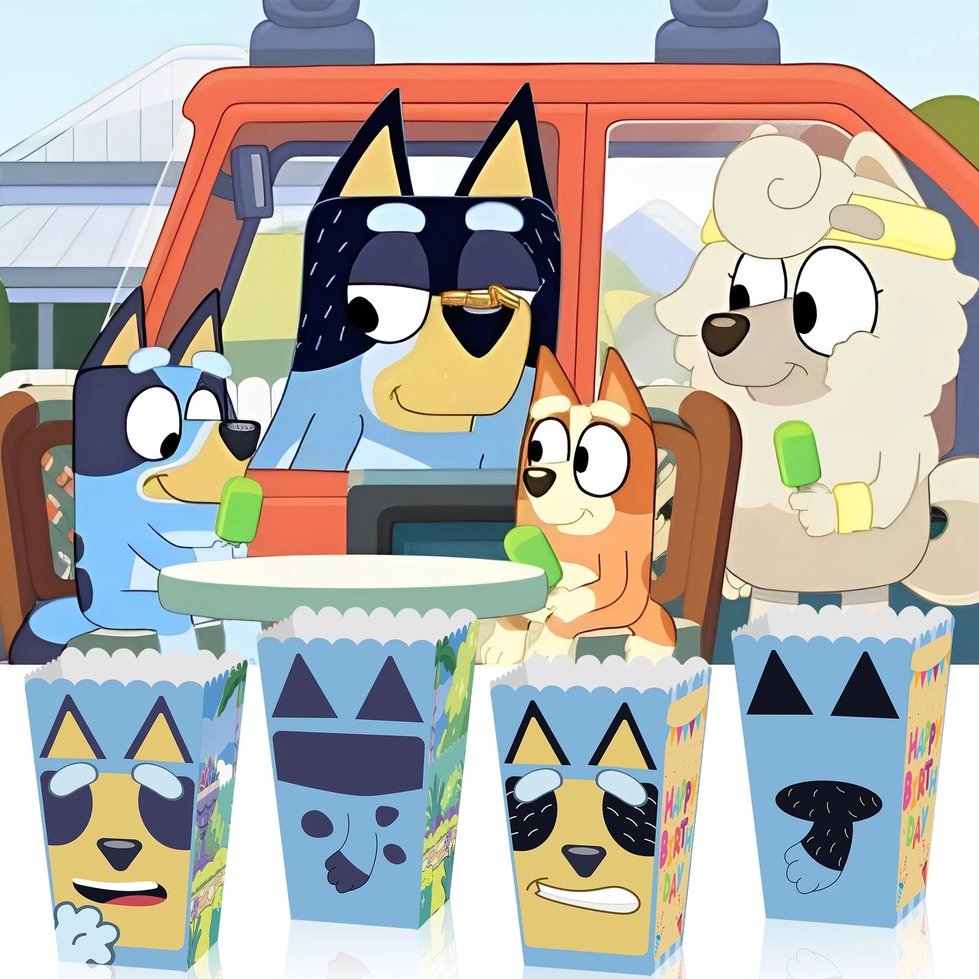 무스 귀여운 Bluey 가족 Bluey 파티 간식 캔디 치킨 쌀 팝콘 상자 식품 판지 포장 상자 12pcs 귀여운 빙고 선물 상자