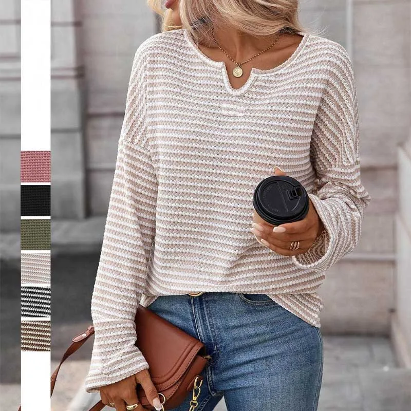 Fashion Knitted Stripe Womens T-shirt Autumn Winter Casual Loose Blouse Long Sleeve V Neck Sweet Top Basic Elegant Tee Clothing